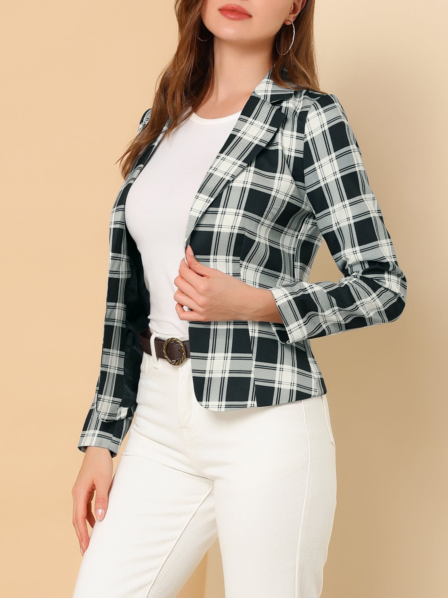 DARING DIVA Women's Elegant Notched Lapel Floral Print Blazer S Black-Plaid