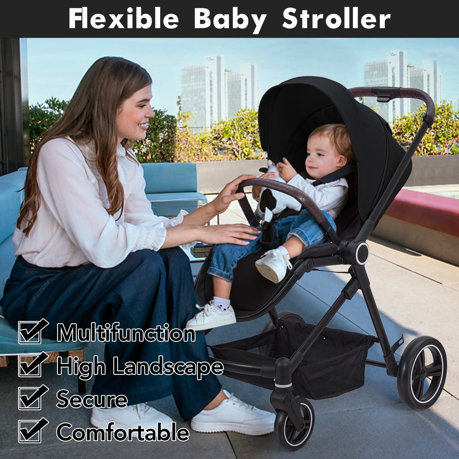 Cochecito convertible 2 en 1 para bebé – asiento reversible, capazo plegable con una mano, respaldo reclinable, capota extra grueso, arnés de 5 puntos, cesta de almacenamiento