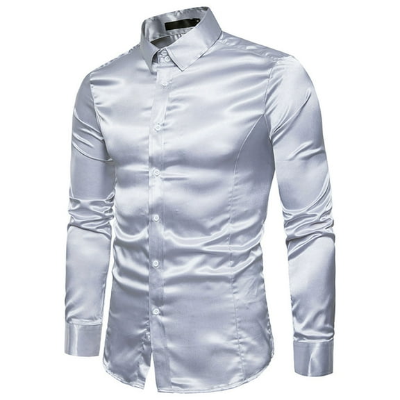 Fesfesfes Long Sleeve Shirt Mens High Quality Casual Glossy Long-Sleeved Lapel Shirt Sale on Clearance