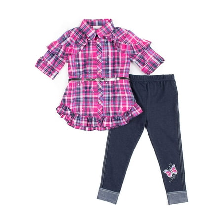 Plaid Skirt Toddler Girl Little Lass Ruffle Belted Plaid Top and Knit Denim Leggings, 2pc Outfit Set (Baby Girls & Toddler Girls) ()