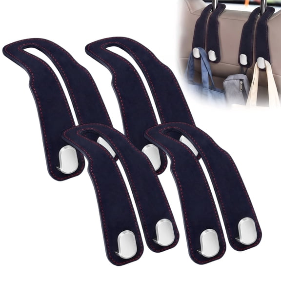 Car Headrest Hooks 4 Pack, Double Seat Back Organizer for Purses, Handbags, Grocery Bags and Accessories, Leather Covered, Black