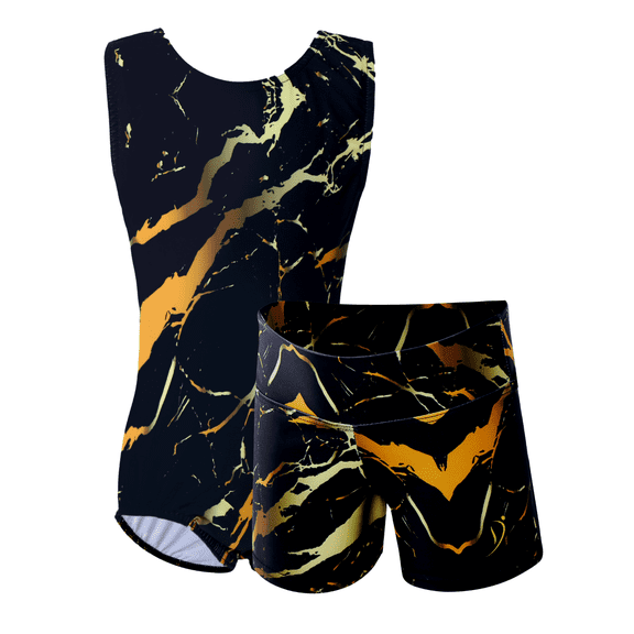 Girls Gymnastics Leotard with Shorts, Marble Print, Stretch Athletic Outfit for Gymnastics Practice & Training