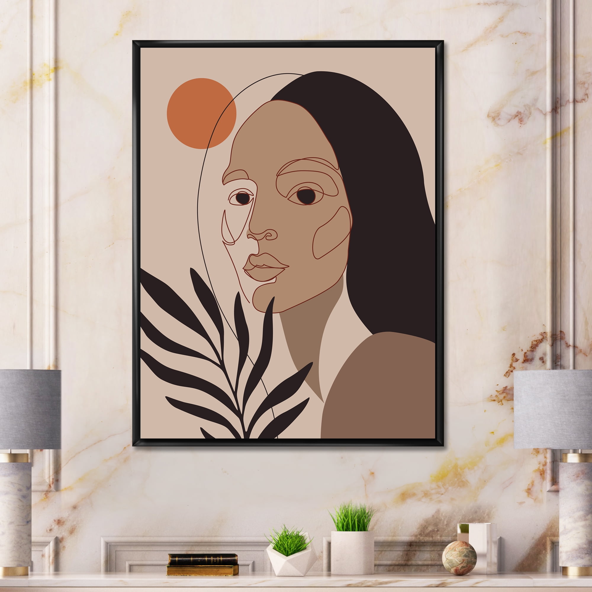 Designart 'Retro Minimal Portrait of Young Girl' Modern Framed Canvas Wall Art Print