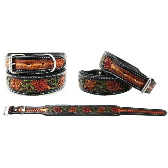 Large 21''- 25''  Padded Leather Hand Crafted Tooled Dog Collar 60FK48