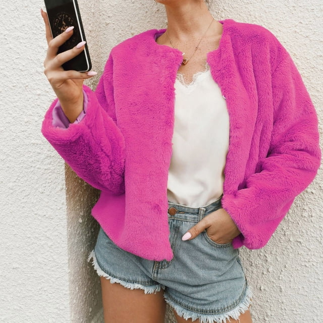 IROINID Women's Comfy Short Coat Solid Color Open Front Long Sleeve Outwear, Hot Pink