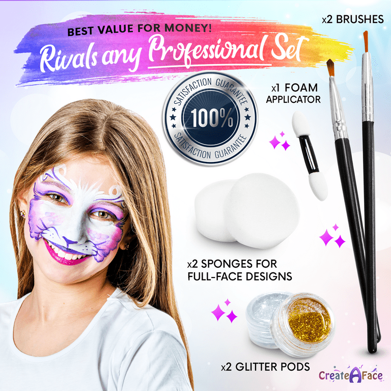 Create A Face - Professional Face Painting Kit for Kids Party with 8  Non-Toxic Colors, 2 Brushes, 2 Applicators, 36 Stencils, 2 Body Glitter  Pods 