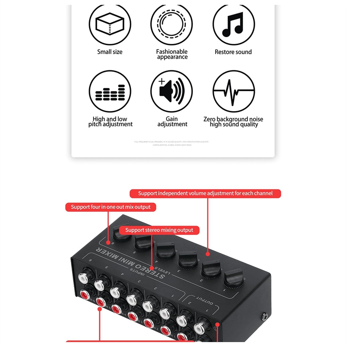 6 Channels Passive Stereo Mixer Mini Audio Mixer Portable Sound Mixer Input Ultra Low Noise for Live Studio
