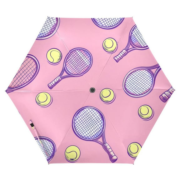 ALAZA Tennis Racket Ball on Pink UPF 50  Compact Folding Umbrella for Rain Travel Umbrella Packable
