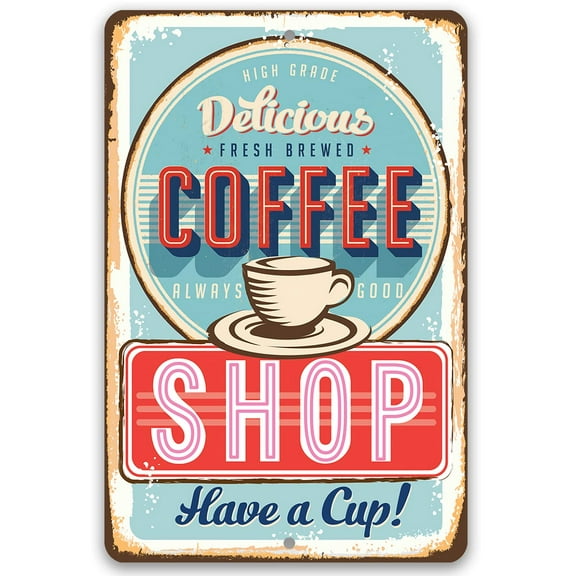 Metal Sign - Delicious Fresh Brewed Coffee - Durable Metal Sign - Use Indoor/Outdoor - Makes a Great Café Decor and Gift for Coffee Lovers (8" x 12")