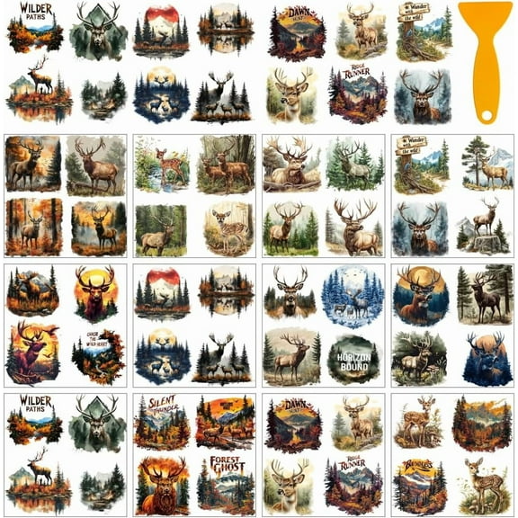 12 Sheets Deer Rub On Transfer Stickers Elegant Deer Decoration Animals and Flowers Window Sticker