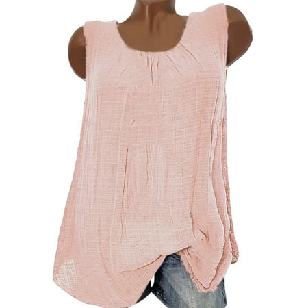 Womens Tops Clearance Under $10 Womens Cotton Linen Sleeveless Baggy T-Shirt Vest Tee Blouse Tank Tops Plus Size Pink Xxxl