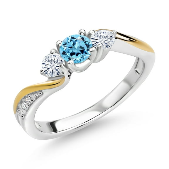 Gem Stone King 925 Silver and 10K Yellow Gold Swiss Blue Topaz White Moissanite and White Lab Grown Diamond 3 Stone Engagement Ring for Women (0.58 Cttw, November Birthstone, Size 7)