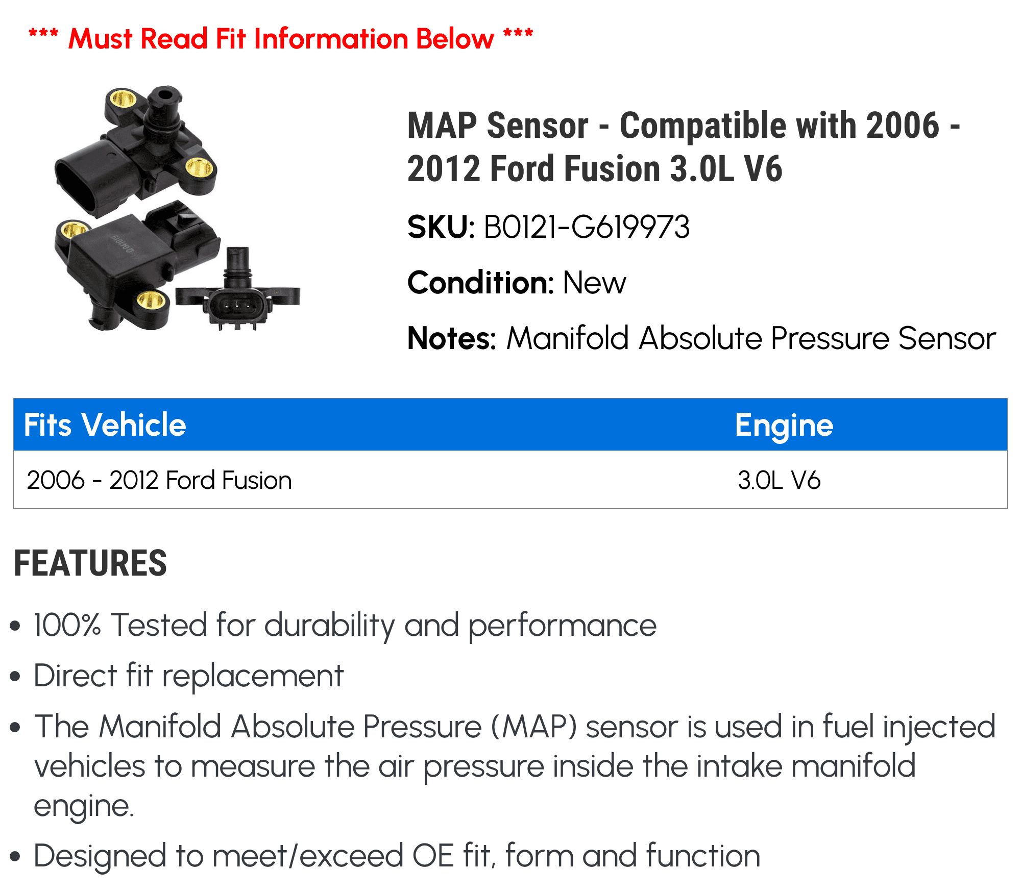 MAP Sensor - Compatible with 2006 - 2012 Ford Fusion 3.0L V6 2007 2008 2009 2010 2011