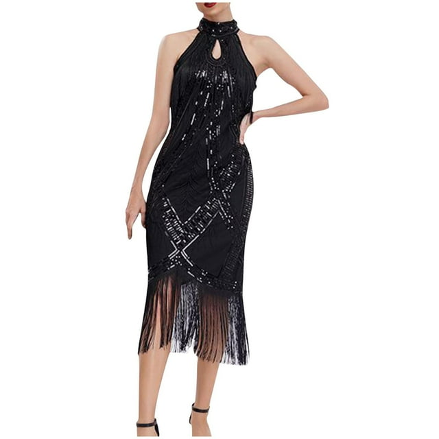 Cameland Robes pour Femmes Robe Vintage pour Femmes des Années 1920 à Paillettes et Perles avec Franges pour Soirée de Nuit, Ourlet Style Flapper, Robe, Robe Vintage à Franges à Paillettes pour Femmes