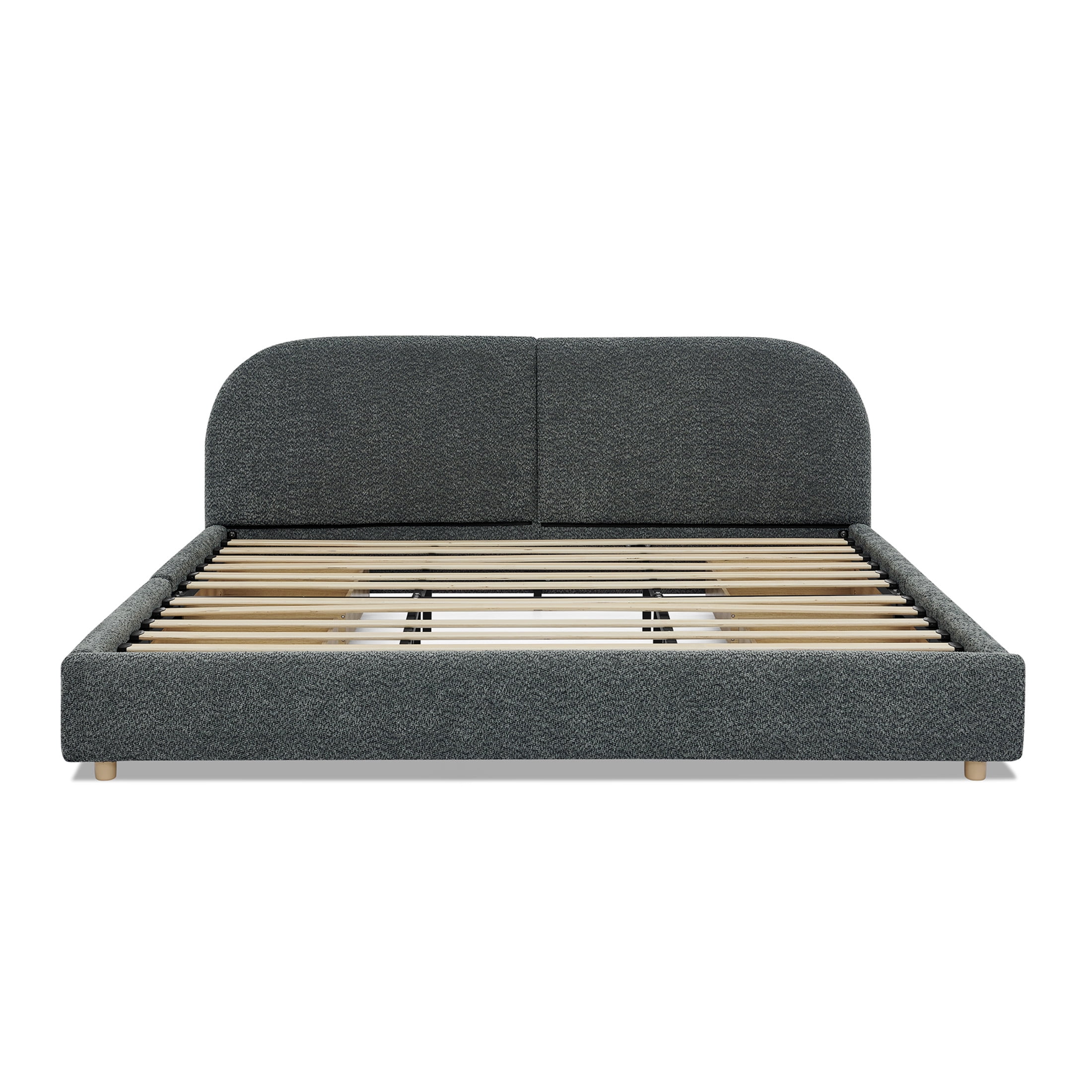 Noble House Elbert King Size Upholstered Bed Frame, Circle Yarn Tall Curved Headboard with Storage Drawers, Dark Gray