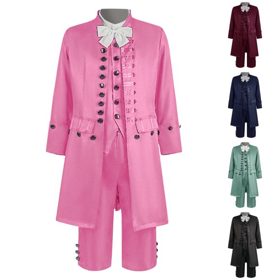 Hinvhai Men's Medieval Costume Role Playing Halloween Stage Costume Medium length Retro Set Long Sleeve Stand Collar Top/Shirt Set 1PC Coat 1PC Vest 1PC Shirt 1PC Pants 1PC Tie Red XS(XS)