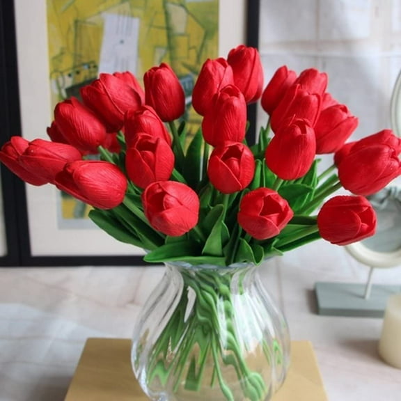 Artificial Tulips Real Touch Fake Tulips PU Flower Arrangement Bouquets for Home Party Decoration (Red)