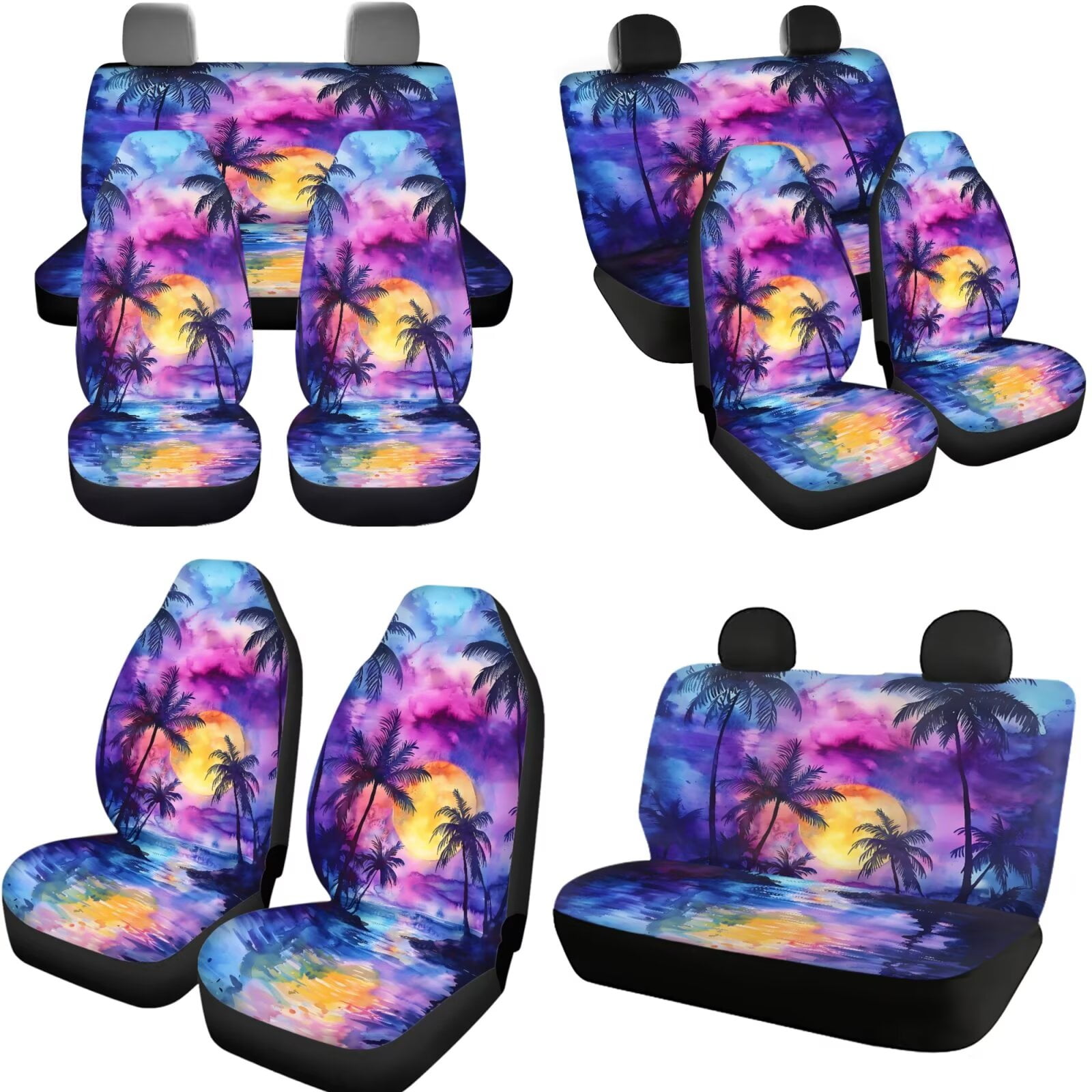 Garronmavis Sunset Palm Tree Car Seat Covers Full Set Adjustable Flexible with Cars Headrest Protectors+Lanyards Key Ring+Auto Cup Coaster+Handbrake Gear+Shift Knob Cover Universal Design