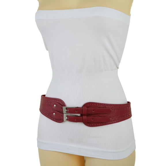 Women Red Elastic Fashion Belt Silver Metal Double Buckle S M