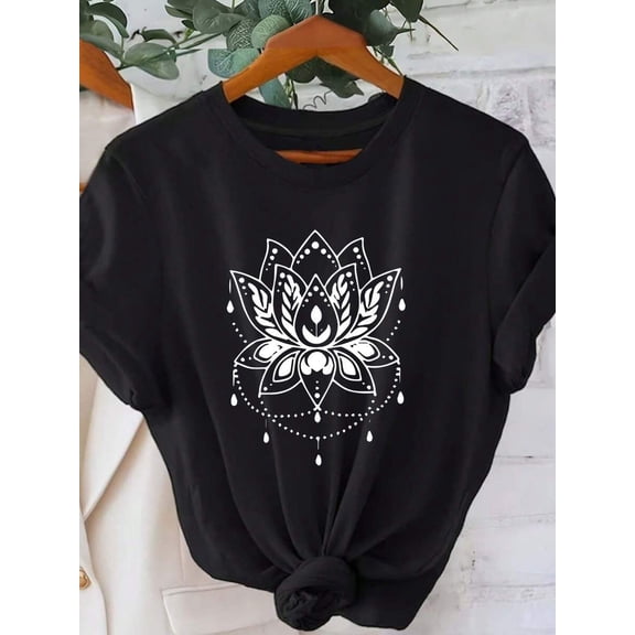 【New Arrival】Mandala Lotus Flower Graphic T-Shirt, Cotton Crew Neck Short Sleeve Tee, Yoga Meditation Casual Wear Bohemian Style Lover Gift