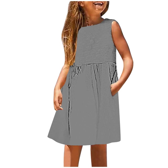 NiSHUIHAN Robe pour Filles de 2 Ans Robe pour Enfants Petites Filles Imprimé Vacances Quotidien Sans Manches Décontractée Mignonne Douce Robes Gris 9 Ans