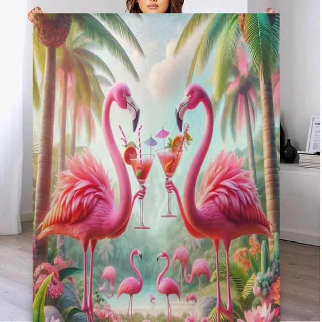 Manta de franela suave y acogedora con diseño de flamencos tomando cócteles para fiestas de verano, 60 x 90 pulgadas, decorativa, ligera, cálida y difusa, para sofá, cama, sillón