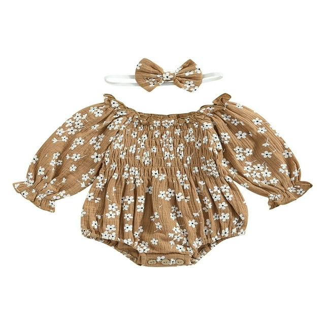 Infant Baby Girl Floral Long Sleeve Romper Headband Outfits Off Shoulder Ruffles Bodysuit Autumn Clothes