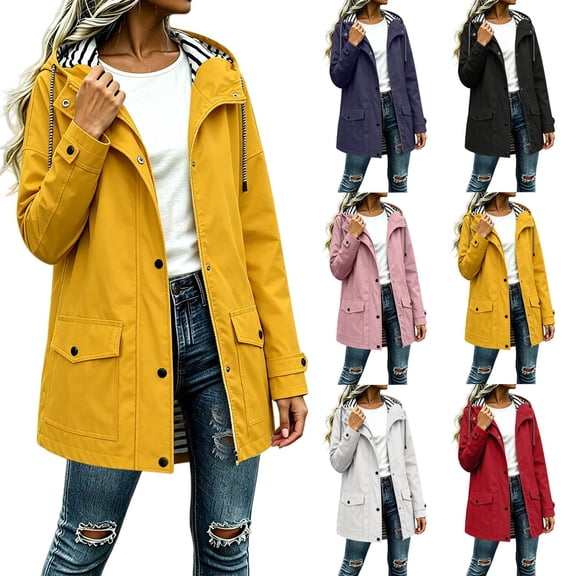 AnuYalue Women Waterproof Jacket Fashion Button Coat Striped Lined Windbreaker Jackets with Pockets Long Sleeve Outerwear