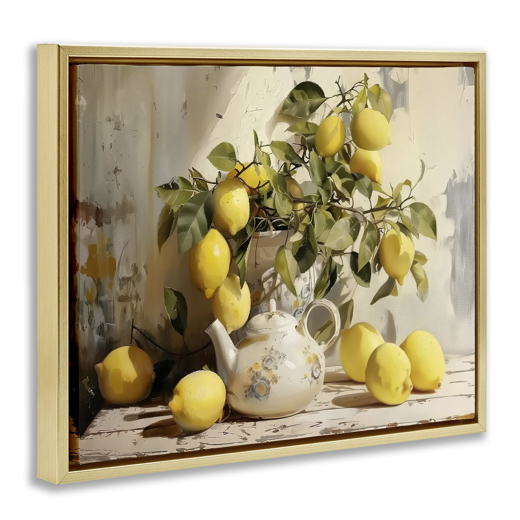 Stupell Industries Lemon Still Life with Teapot Gold Framed Floater Canvas Wall Art, design by LSR Design Studio