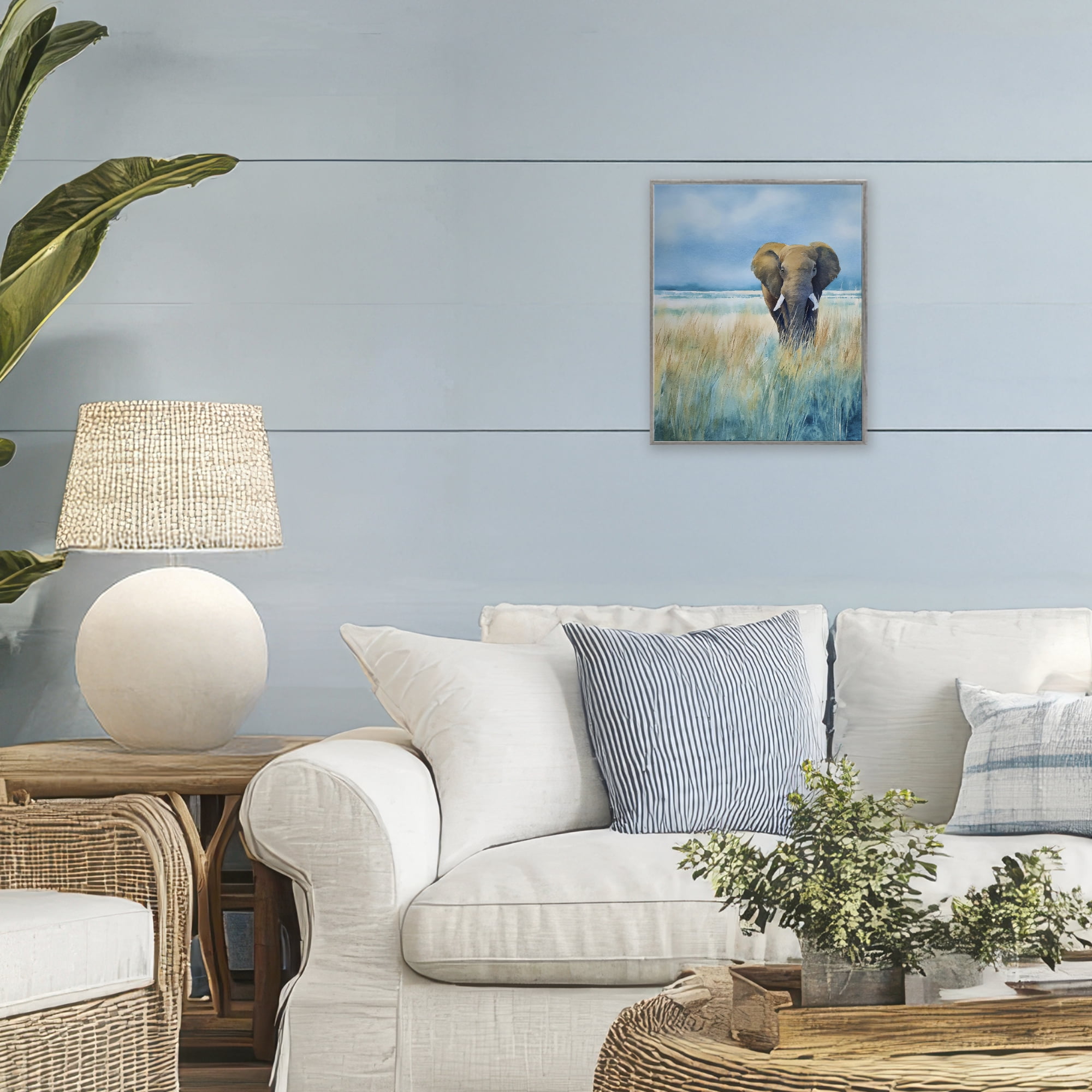 Stupell Industries Blue Grass Elephant Gray Framed Giclee Art, design by Franklyn Gregory