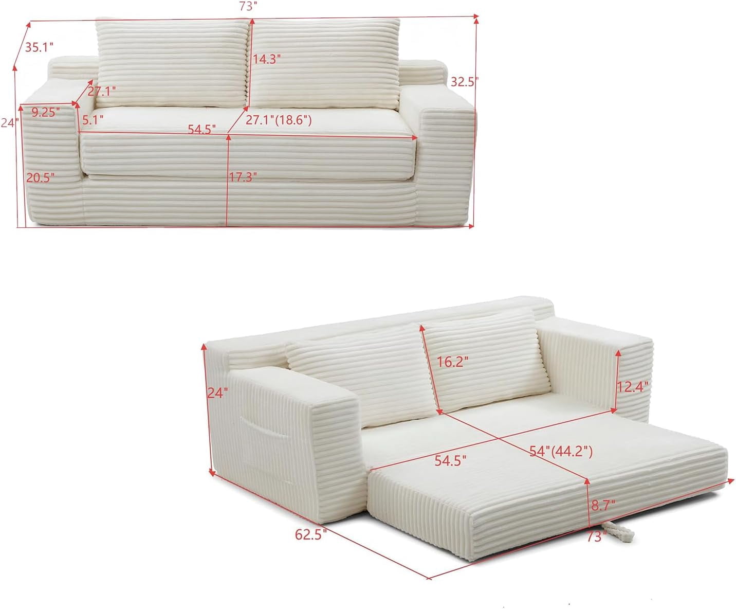 73" 2-in-1 Convertible Sofa Bed, Memory Foam Corduroy Loveseat, No Assembly, Beige