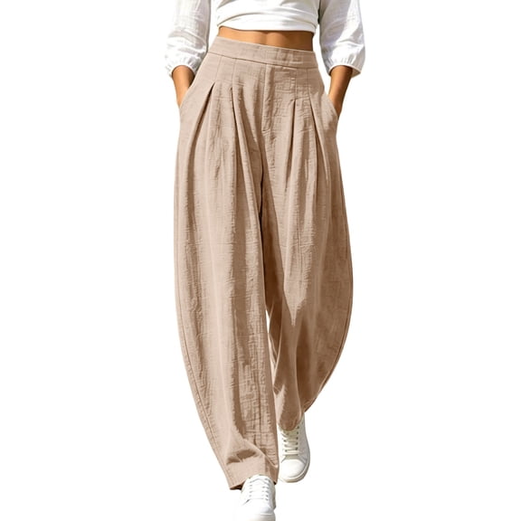 cocolona Womens High Waist Pleated Linen Pants Elastic Waist Wide Leg Summer Casual Beach Barrel Pants with Pockets