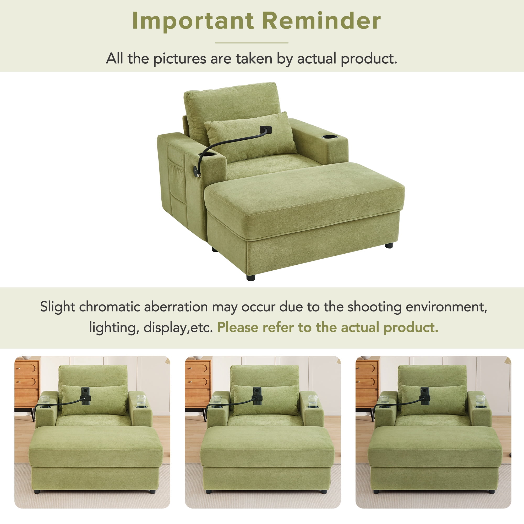 Euroco Convertible Chenille Recliner Chair with Storage Ottoman, USB Ports, Cup Holders & Phone Stand – Sleeper Armchair with Adjustable Backrest for Small Spaces