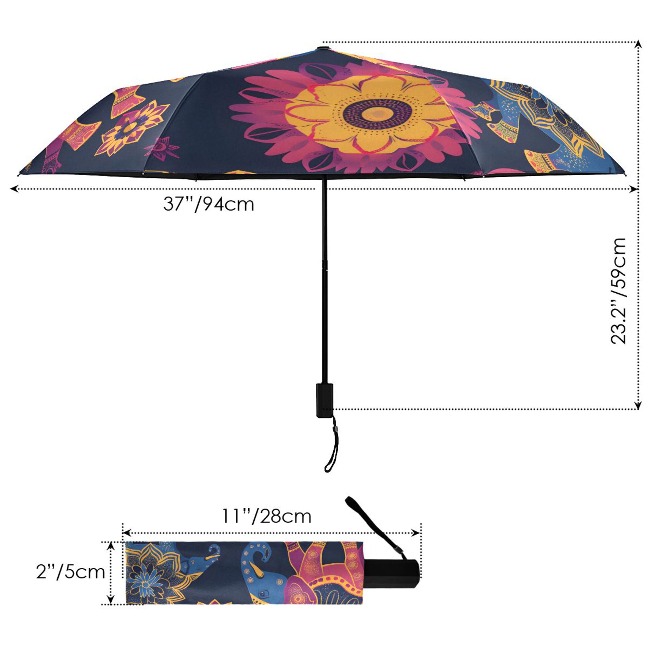 Asian Pattern with Elephants All Weather Umbrella Triple Folding Parasol 6 Ribs UV Protection Portable