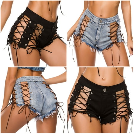 Jinhomg Women s Frayed Denim Shorts Cheeky Lace Up Mini Hot Pants Cut Off Ripped Hole Booty Shorts Jeans Clubwear Black XL