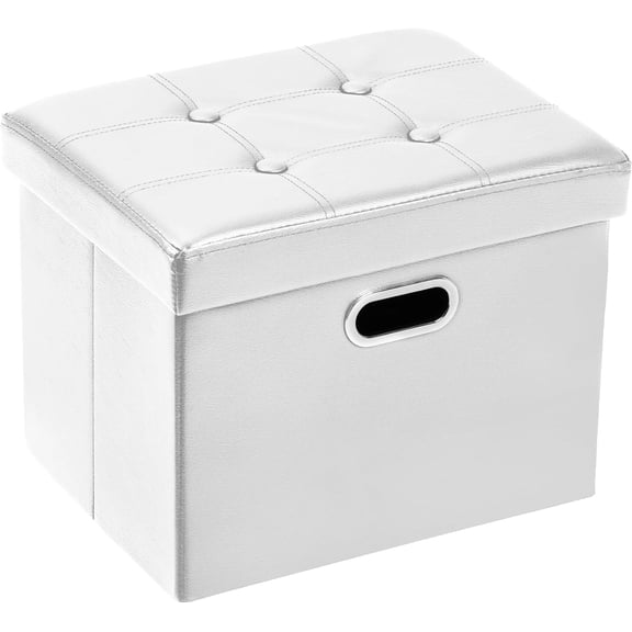 COSYLAND Storage Ottoman 17x13x13in Leather Ottoman Rectangle Foot Rest Foot Stool Folding Ottoman for Room Dorm Small Collapsible Bench Seat Organizer Entryway Furniture with Handles Lid White