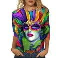 thumbnail image 3 of AGWOLF Mardi Gras Outfit for Women 3/4 Length Sleeve Mask Graphic Carnival Tee Blouses Fashion Round Neck Funny 3D Print Holiday Tops, 3 of 5