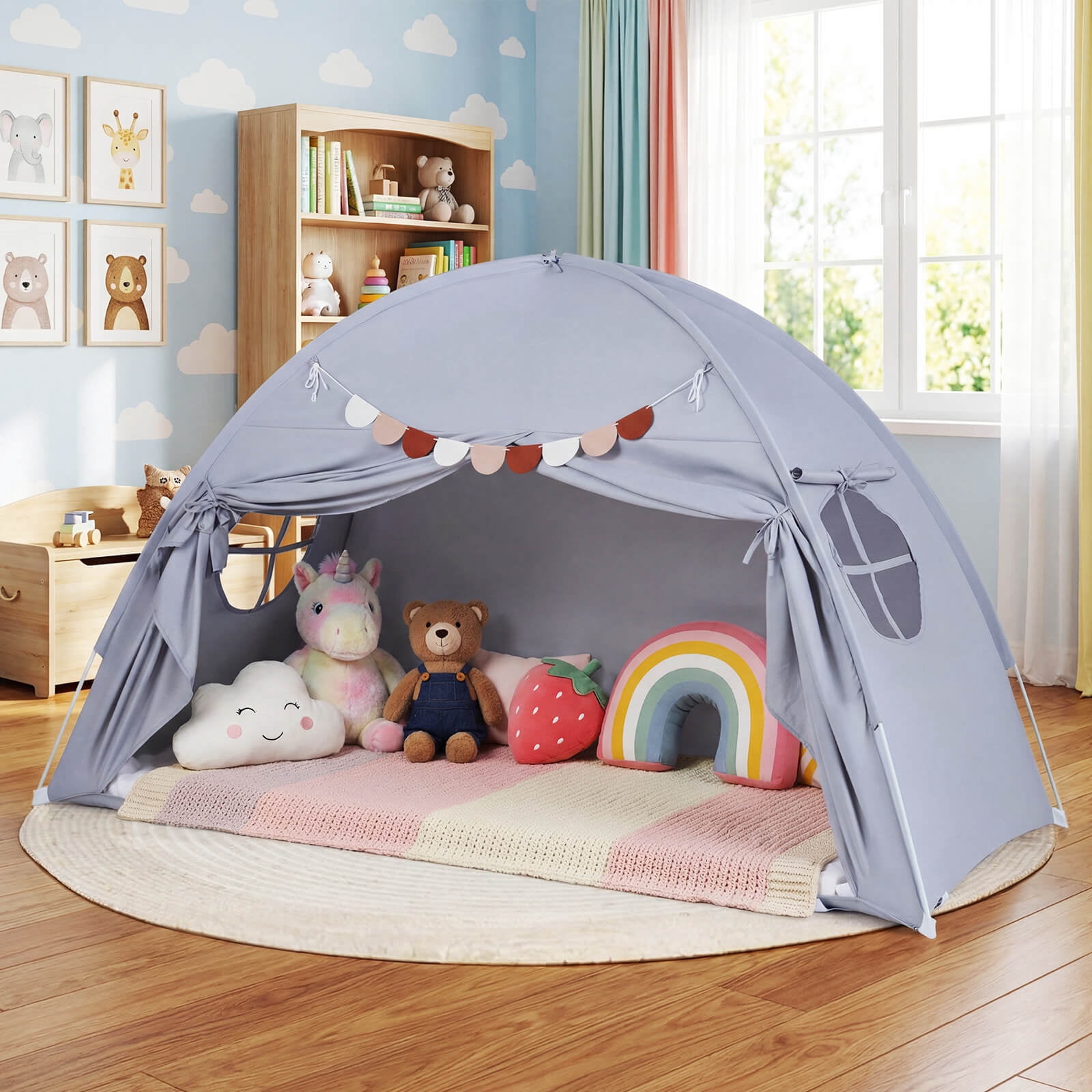 Infans Twin Full Size Bed Tent w/2 Windows, Flags for Boys & Girls Aged 3+ Years Old