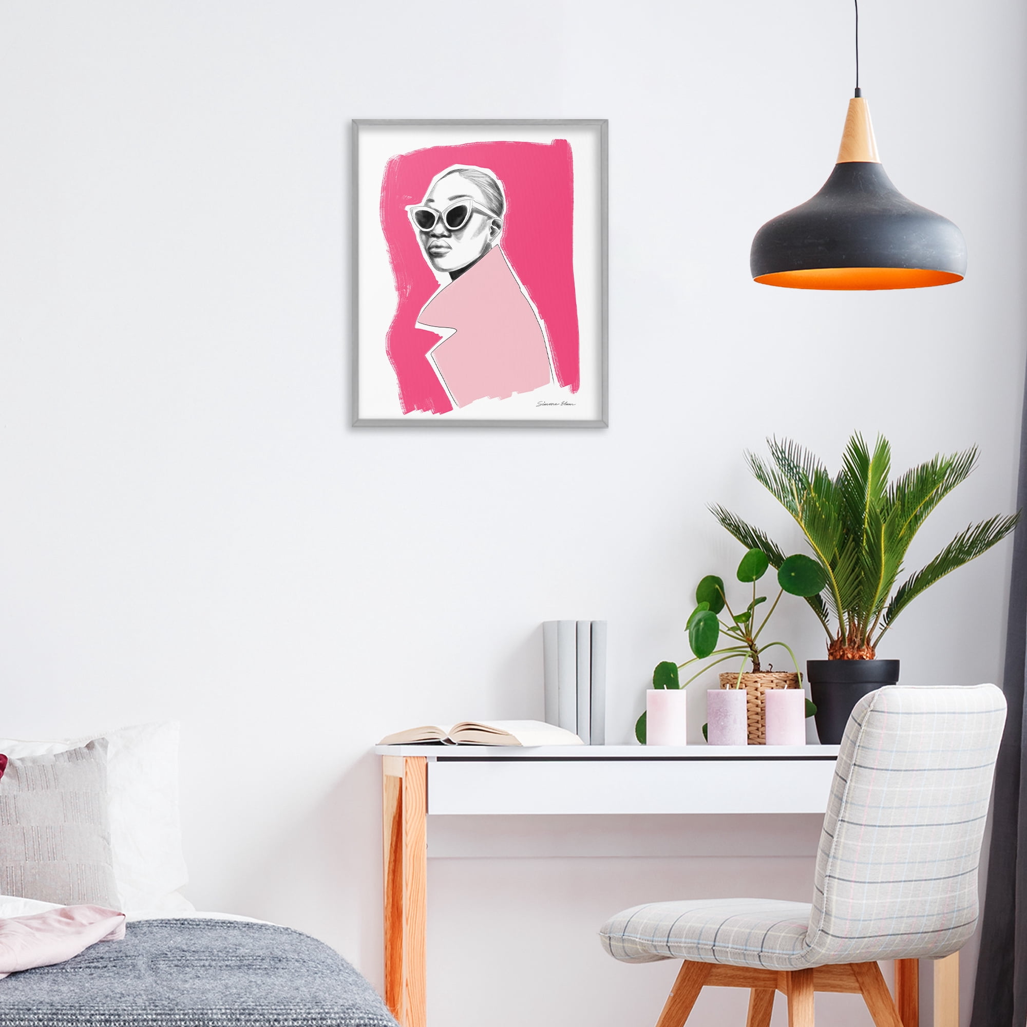 Stupell Industries Pink Attitude Fashion Portrait Gray Framed Giclee Art, design by Simone Elum