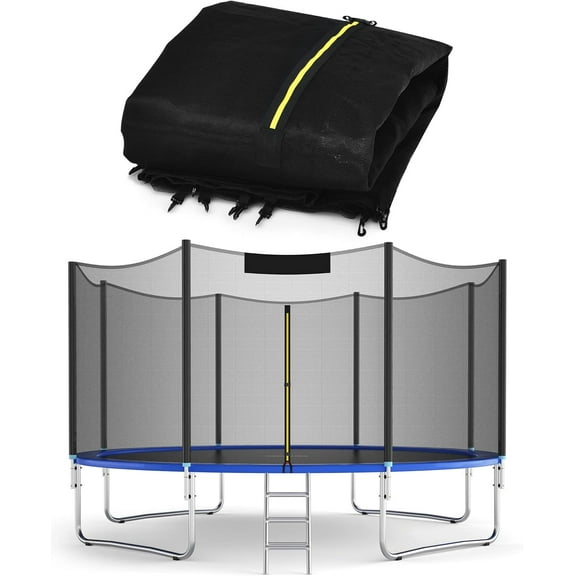 EnjinZZ Trampoline Safety Net for 12FT Round Frame Trampoline, Weather-Resistant Replacement Enclosure Net with Double-Headed Zipper, Hooks, Net Only