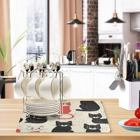 

Kitchen Leather Drying Mat 17.7*11.8*0.12 Inch Kitchen Drying Mat Coffee Machine Mat Dish Drying Mats Fast Water Absorption Beautiful Fashion Black Cat and Red Cat