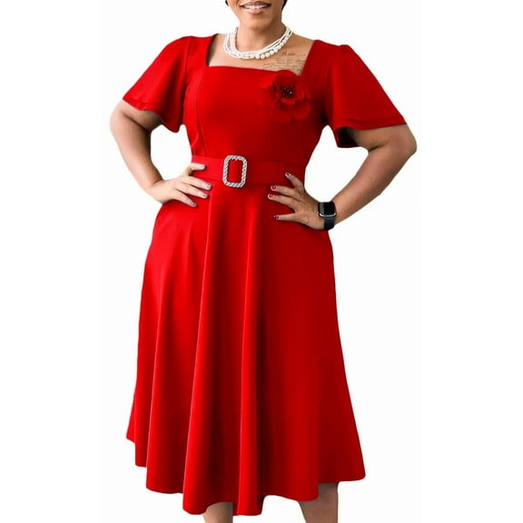 Women's Boat Neck Puff Cap Sleeve Ruched A-Line Ruffle Midi Dress Skater Dresses