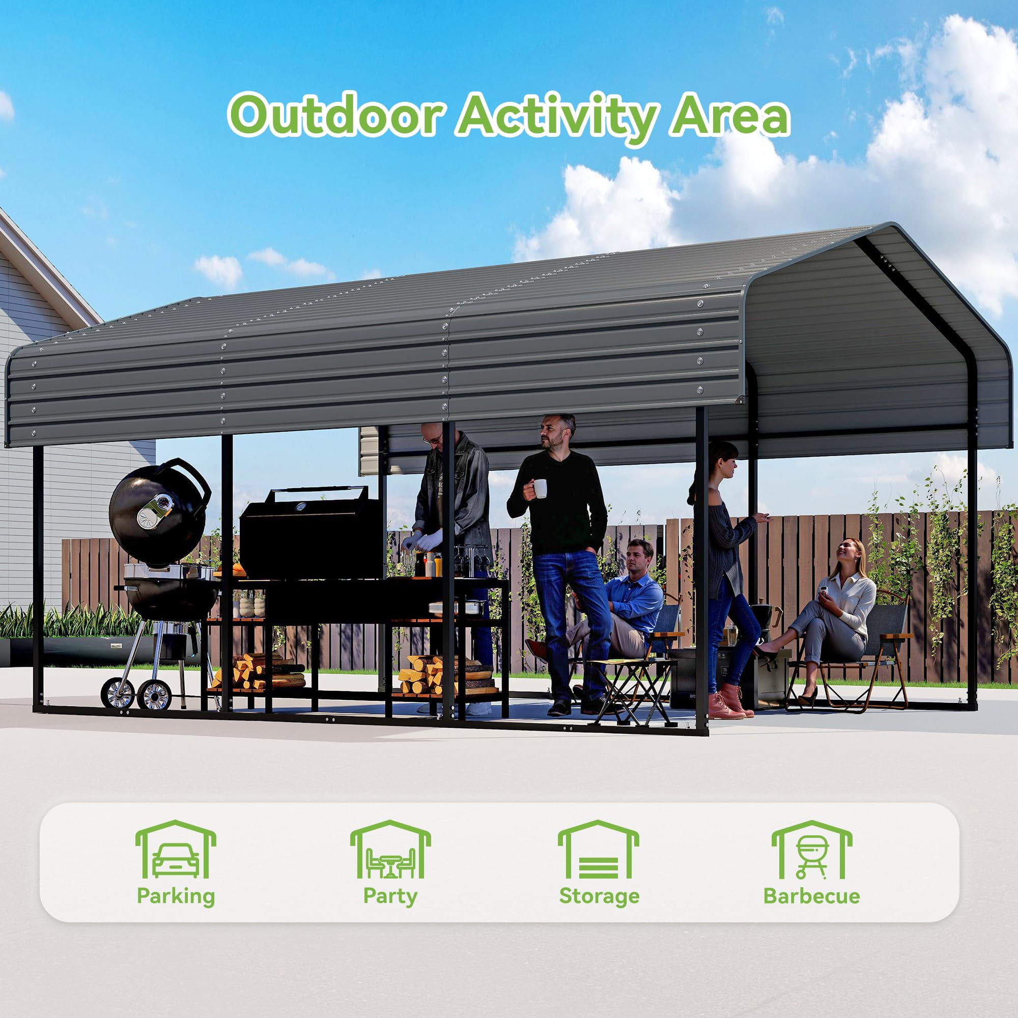 Zolyndo Heavy Duty 10x15FT Metal Carport with Galvanized Steel Roof, Outdoor Car Shelter Garage Canopy for Cars, Trucks, Boats, Dark Gray