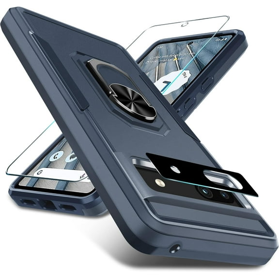 for Google Pixel 7a Case with Screen Protector Camera Lens Protector,Heavy Duty Shockproof Full Body Phone Cover Built in Metal Ring Holder Kickstand,2023 Navy Blue