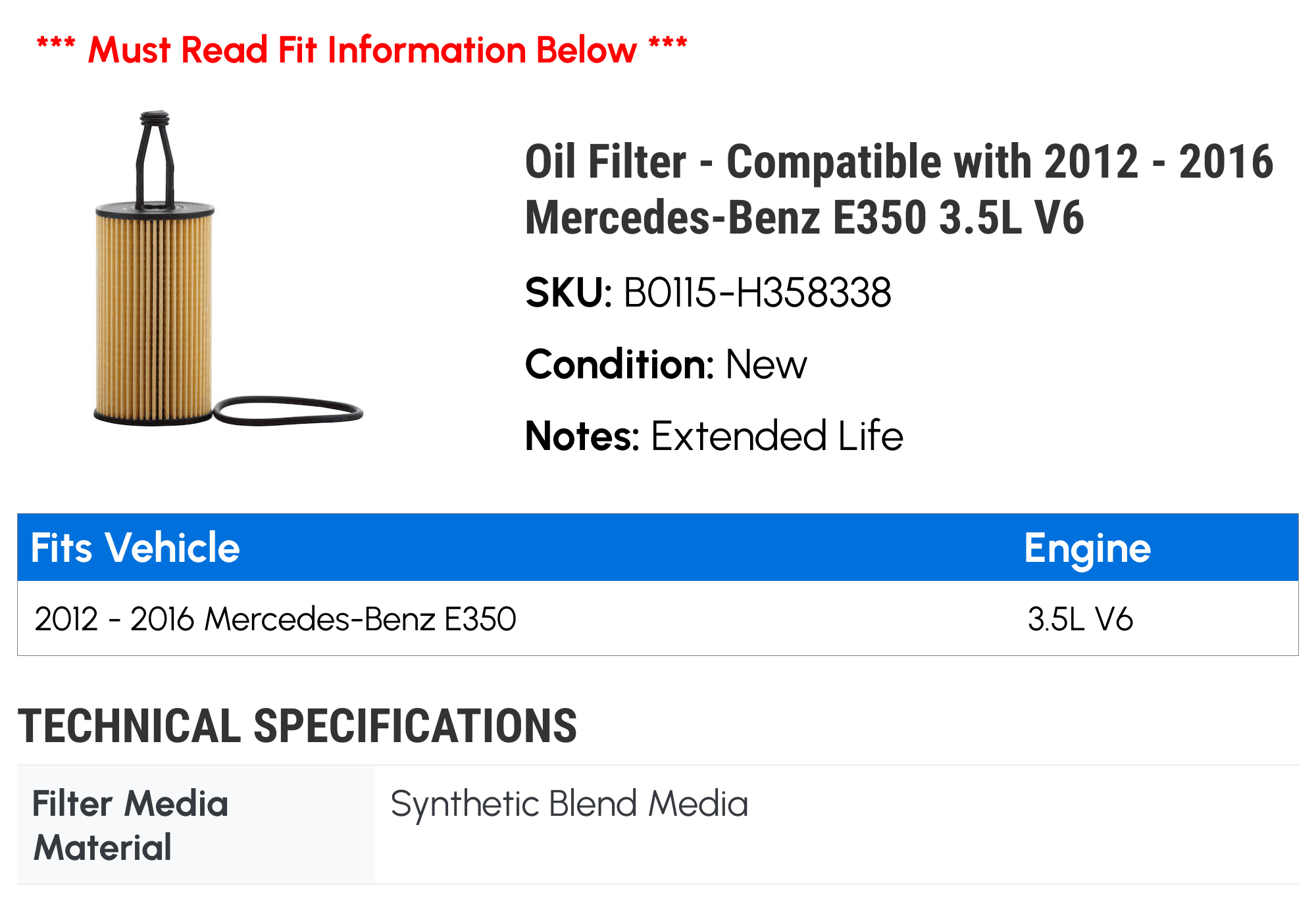 Oil Filter - Compatible with 2012 - 2016 Mercedes-Benz E350 3.5L V6 2013 2014 2015