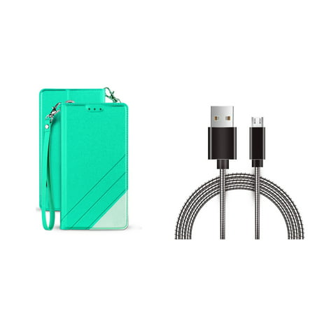 BC Synthetic PU Leather Magnetic Flip Cover Wallet Case (Mint Green) with Metal Micro USB Cable (3 Feet) and Atom Cloth for Samsung Galaxy Amp Prime 3 2018