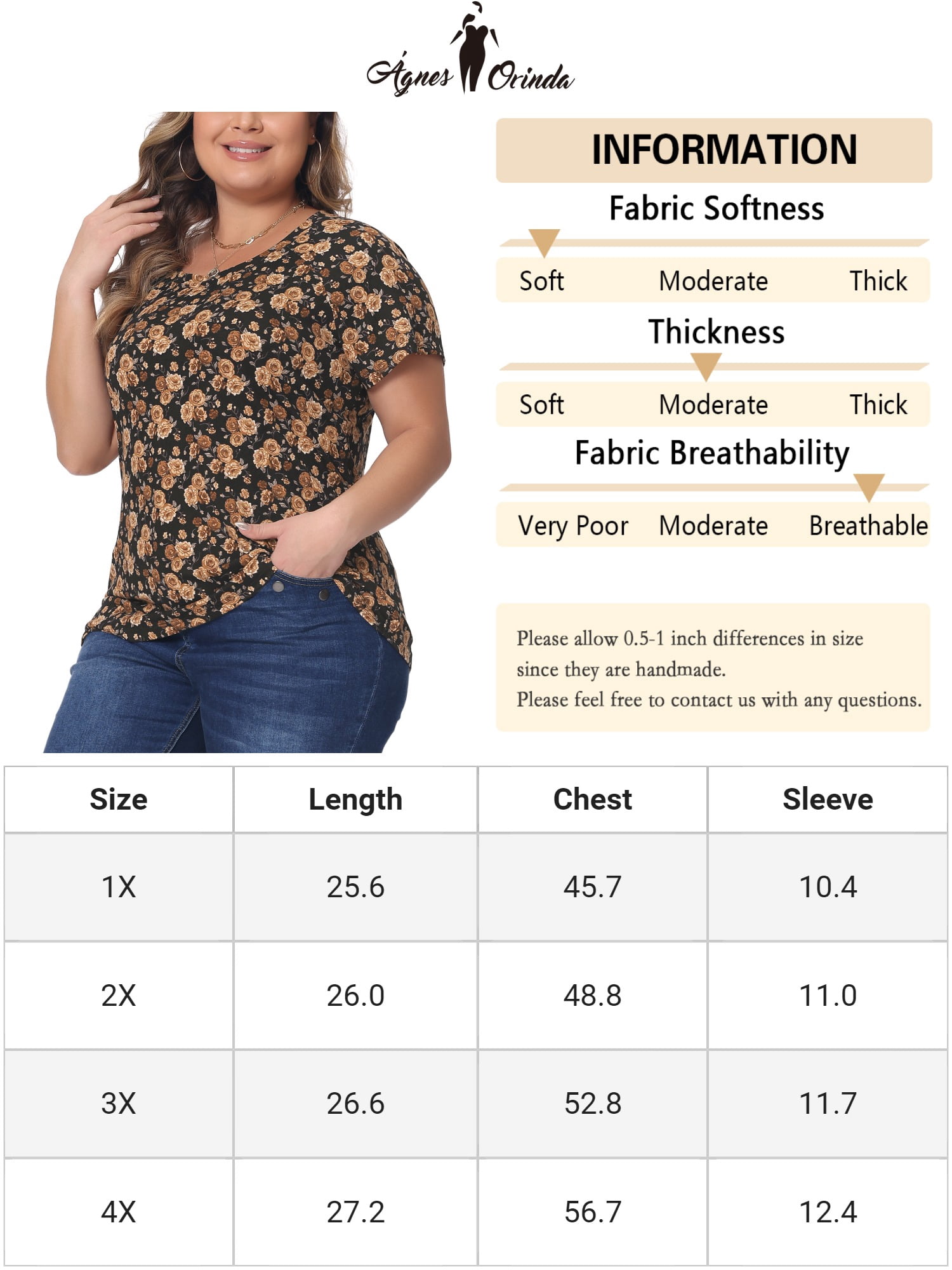 Women's Plus Summer Casual Floral Top Blouse Round Neck Short Sleeve Tee 2X Brown