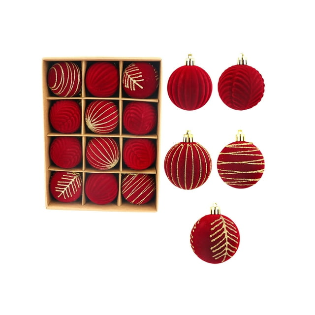 Christmas Tree Ornaments Set 12 Piece Flocked Ball Decorations 6 cm Red Suede Finish With Hanging Caps And Rope For Holiday Home Tree Decoration