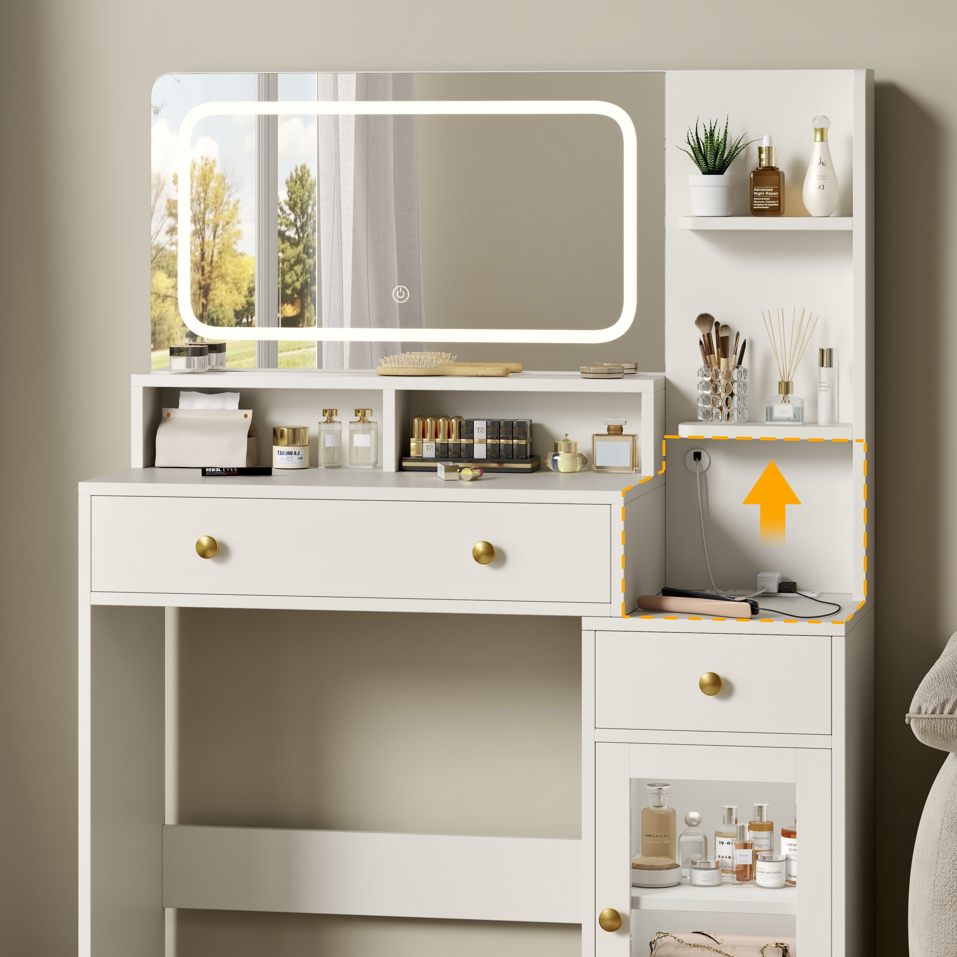 Satifur Modern LED Vanity Desk with Charging Station & Storage & LED Mirror, White Makeup Table for Bedroom