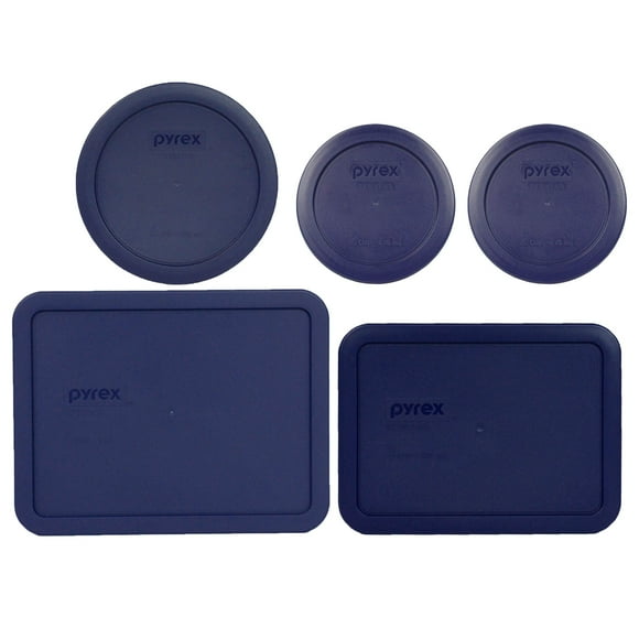 Pyrex (2) 7200-PC 2 Cup (1) 7201-PC 4 Cup (1) 7210-PC 3 Cup and (1) 7211-PC 6 Cup Blue Plastic Storage Lids Made in the USA